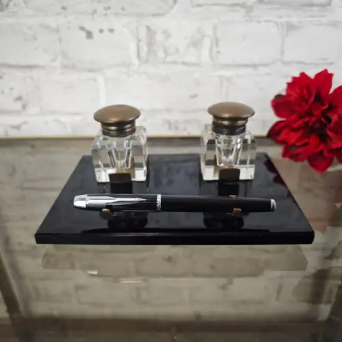 Schreibtischset Tintenfass Glas Messing Schwarz Vintage Schreibgarnitur WeeNTAGE