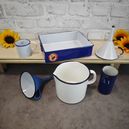 6x Emaille Set Blau Weiß Vintage Landhaus Küche Küchenhelfer 1920er WeeNTAGE