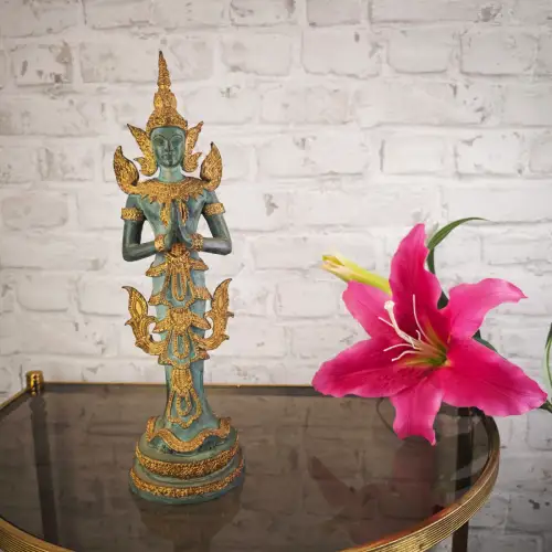 Teppanom Tempelfigur Bronze Patina 38 cm Anjali Mudra Deva Statue Yoga WeeNTAGE