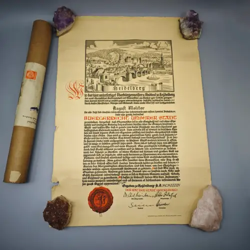 Heidelberg Urkunde 1934 Bürgerrecht August Molitor Dokument Papier WeeNTAGE