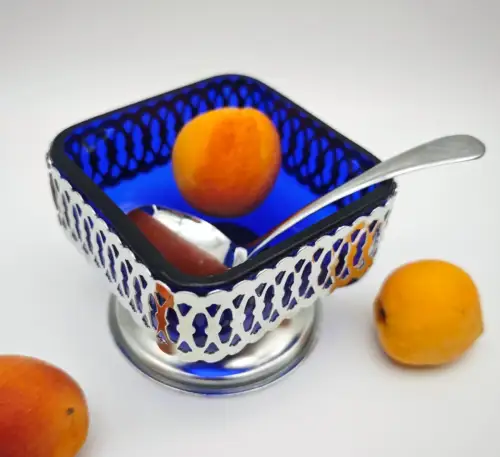 Servierschale Glas kobaltblau durchbrochene Metallhalter Senfschale Zuckerdose