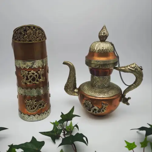 Tibet Nepal Kupfer Messing Kannen Set Drachenmotiv orientalisch Vintage Deko