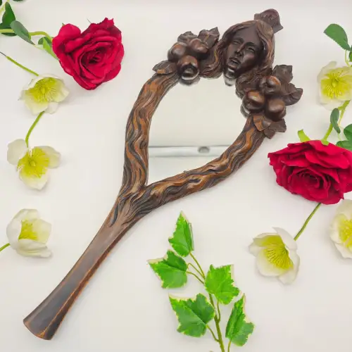 Handspiegel Schminkspiegel Spiegel Holz Jugendstil Schnitzerei Vanity Braut