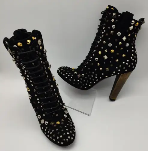 D&G Dolce & Gabbana ankle Boots Nieten Spikes Absatz schwarz Leder Schnürstiefel