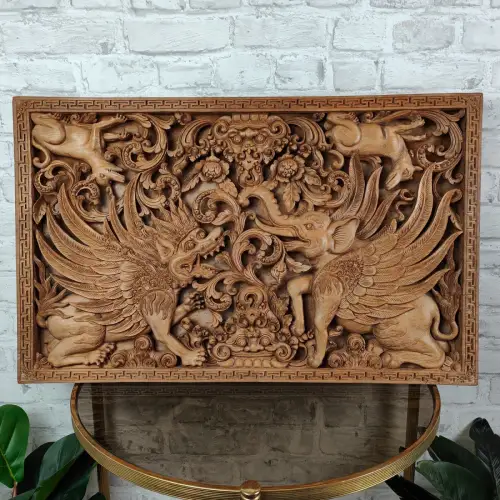 Wandbild 3D Motiv Holz Schnitzerei Relief Garuda Ganesha Barong Bali Thai Asien