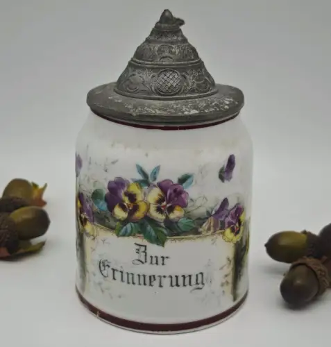 Bierkrug Zur Erinnerung Zinndeckel Jagd Bierhumpen antik Deckel Humpen Seidel