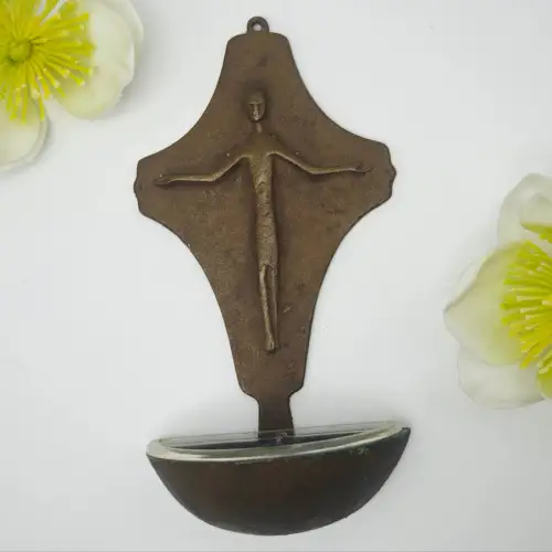 Weihwasserbecken Messing Mid Century Modern Vintage Kreuz Wandmontage 15 cm Chri
