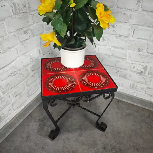 Blumenhocker Fliesen rot Pflanzenständer Schmiedeeisen Midcentury Blumentisch