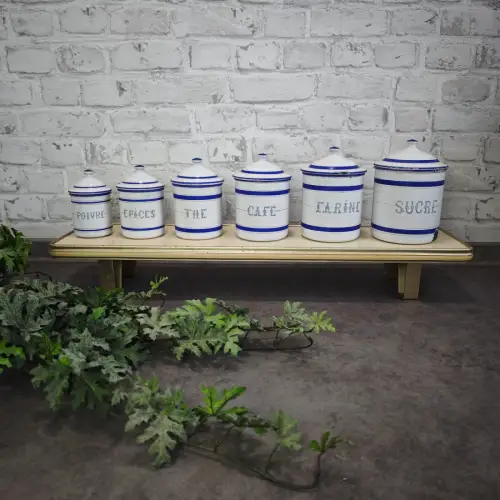 Antike Emaille Vorratsdosen Set 6 Stück blau weiß Frankreich Landhaus WeeNTAGE