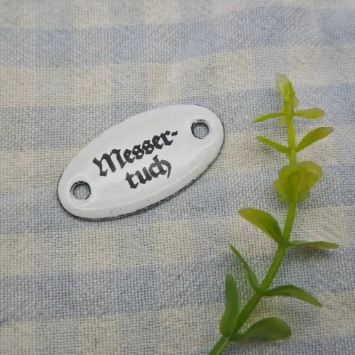 Antike Emaille Plakette Messertuch Schild schwarz weiß 4 cm Retro Küchenschild g