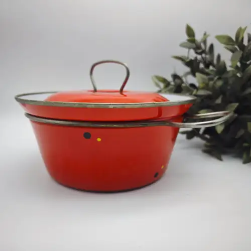 Emaille Kochtopf rot mit Punkten und abnehmbaren Griffen Mid Century Topf Deckel