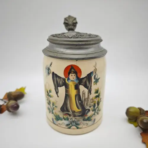 Bierkrug Münchner Kindl antik Bierstein handbemalt Zinndeckel JH WeeNTAGE