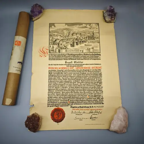 Heidelberg Urkunde 1934 Bürgerrecht August Molitor Dokument Papier WeeNTAGE