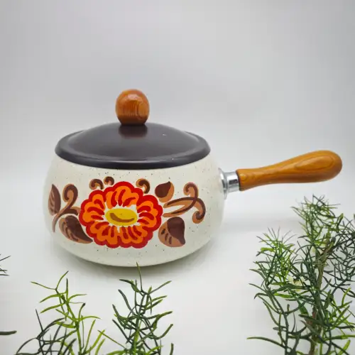 Fonduetopf Emaille Vintage 70er Stielkasserolle Blume Holzgriff Retro Küche