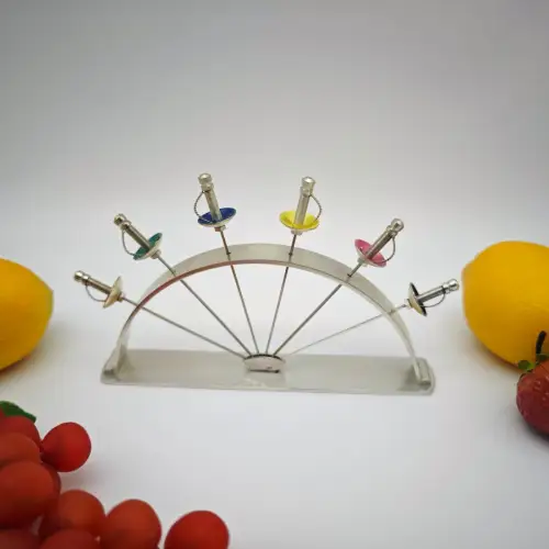 Picker Set Degen Vintage Metall Silberfarben 6 Spieße mit Halter Bogenform