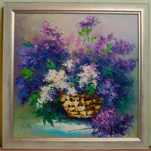Małgorzata Łącka – „Mai-Holunderblüten im Korb“ – Ölgemälde
