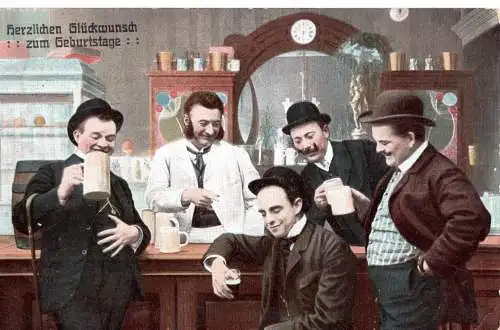 [Lithographie] Alte kolorierte Geburtstagskarte – Kneipenszene – Bier - 1910 gelaufen (Magdeburg). 