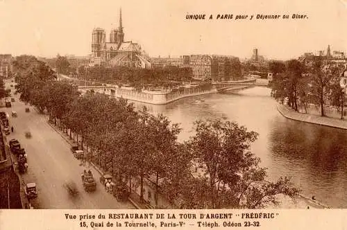 [Echtfotokarte schwarz/weiß] Paris – Werbepostkarte „La Tour d’Argent“ mit Blick auf Notre-Dame – datiert 1941 – Ansicht vom berühmten Restaurant aus. 