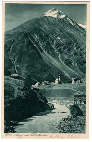 [Echtfotokarte schwarz/weiß] Alte AK Vent 1893 m mit Talleitspitze – Dorfansicht mit Kirche – Bergsteigerdorf am E5 – Tirol / Österreich. 
