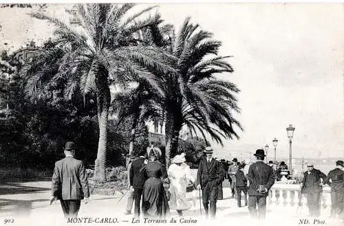 [Echtfotokarte schwarz/weiß] Monte Carlo – Les Terrasses du Casino – gelaufen etwa 1907 – Belle Époque / Frankreich / Monaco. 