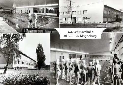 [Echtfotokarte schwarz/weiß] Volksschwimmhalle Burg bei Magdebug. 