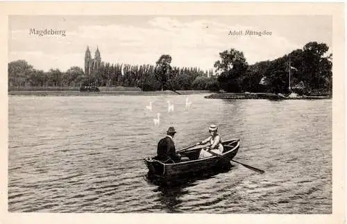 [Lithographie] Magdeburg – Adolf-Mittag-See mit Ruderboot – ungelaufene Ansichtskarte ca. 1910 – Verlag Bruno Hansmann, Cassel. 