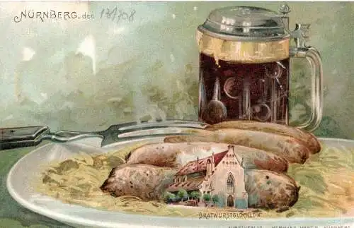[Lithographie] Nürnberg, den 13.07.1908 - Bratwurstgöcklein. 