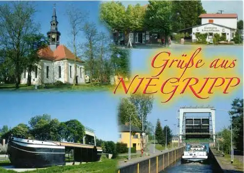 [Echtfotokarte farbig] Grüße aus Niegripp mit Schleuse - Jerichower Land - Burg bei Magdeburg. 