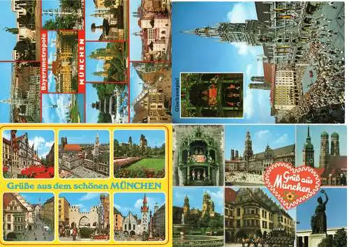 [Echtfotokarte farbig] 4x Mehrbild-Ansichtskarten München – Sehenswürdigkeiten, Glockenspiel, Marienplatz – ungelaufen. 