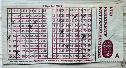 DDR Lottoschein 1950er VEB Wettspielbetriebe Zahlenlotto Vintage (B2188)