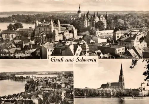 AK Schwerin mit Schloß und Pfaffenteich, gelaufen zur 800 Jahrfeier, DDR- B1 313