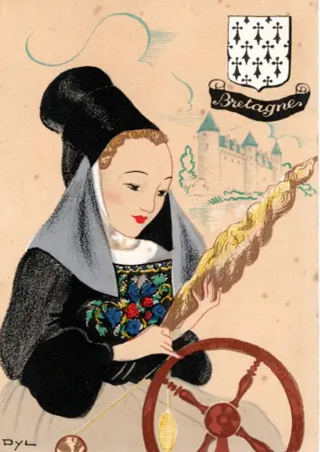 AK Künstler Frankreich – Bretagne – Trachten- „Frau mit Spinnrad“ (B1 310)