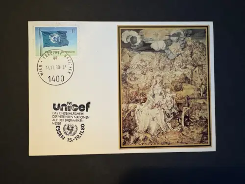 UNICEF UNO Wien 1980 Sonderkarte Briefmarkenmesse Essen mit Stempel