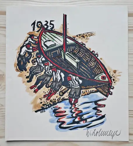 W.  Lohmeyer Magdeburg – signierte Grafik / Klappkarte 1935 – handkoloriert