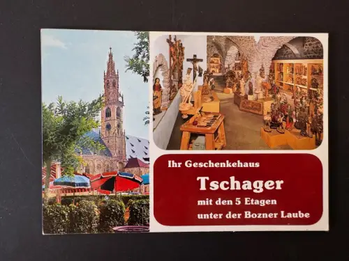 Vintage Werbepostkarte Bozen – Geschenkhaus Tschager – Südtirol – 60er/70er