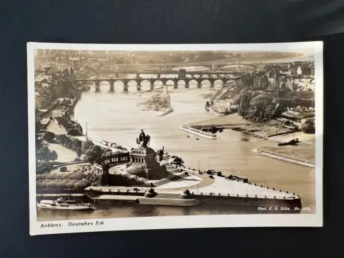 Koblenz Deutsches Eck Foto-Postkarte Reiterdenkmal Rhein Mosel ca. 1930 (B1 130)