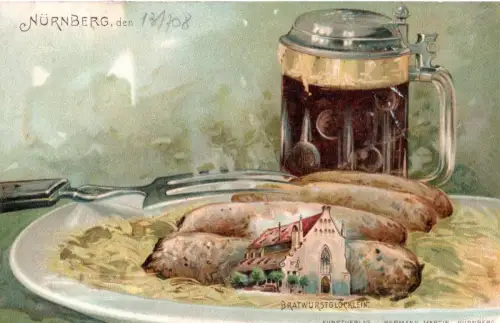 AK Nürnberg 1908 – Bratwurst & Bier, Bratwurstglöcklein – Lithographie (B1 301)