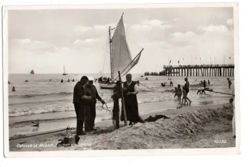 AK Ahlbeck Fischer Strand mit Seebrücke 1940 Sonderstempel (B1 056)