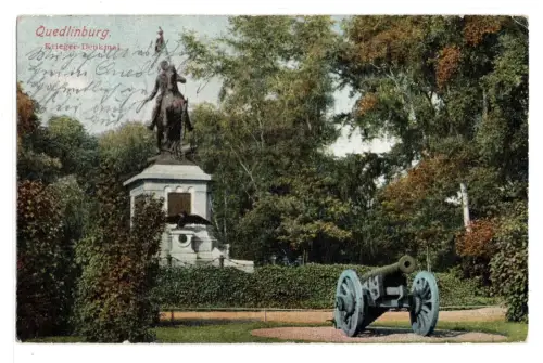AK Quedlinburg Kriegerdenkmal Kanone gelaufen Deutsches Reich 1912 Litho (B2022)