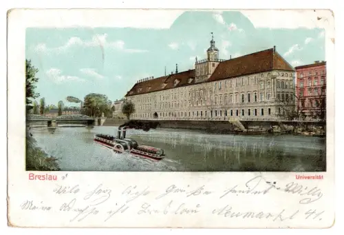 AK Breslau Universität (Wrocław, Polen) Postkarte 1903 – Oder, Dampfer (B1 173)