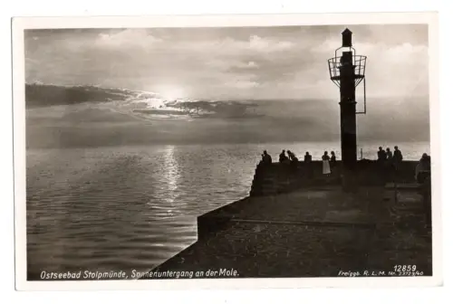 AK Ostseebad Stolpmünde (Ustka, Polen) Postkarte – Sonnenuntergang Mole (B1 182)