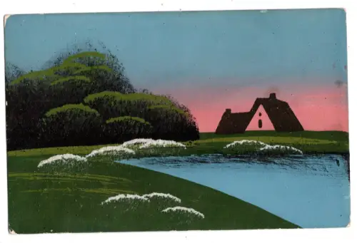 Künstler-AK handgemalt Postkarte Haus am See Sonnenuntergang Ostsee (B1 060)