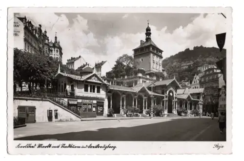 AK Karlsbad Karlovy Vary Tschechien Markt Kolonnade gel. 1942 (B2103)