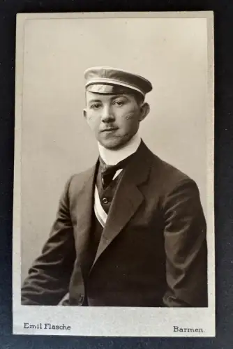 CdV Foto Couleurstudent mit Schmiss, Atelier Emil Flasche Barmen 1907/08 (B2019)