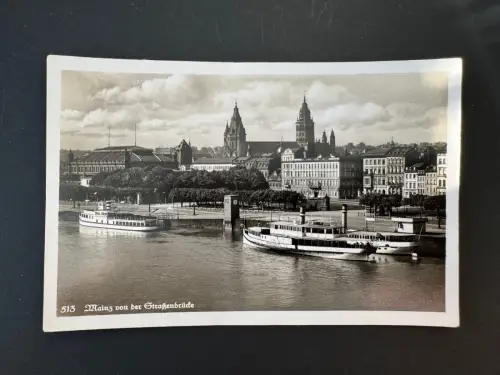 Mainz von der Straßenbrücke Foto-Postkarte Rhein Dampfer ca. 1920er (B1 138)
