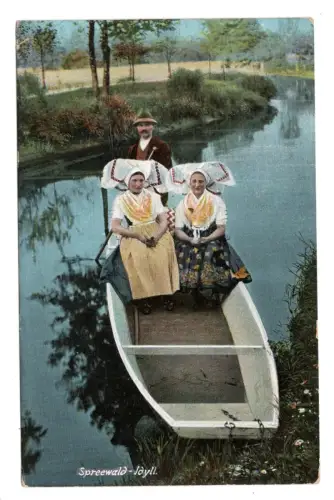 AK Spreewald · Tracht & Kahnfahrt · „Spreewald-Idyll“ · koloriert Foto (B1 157)