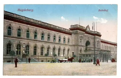Magdeburg Bahnhof – farbige Litho AK 1915, Feldpost 1. Ersatz-Kompanie (B1 148)