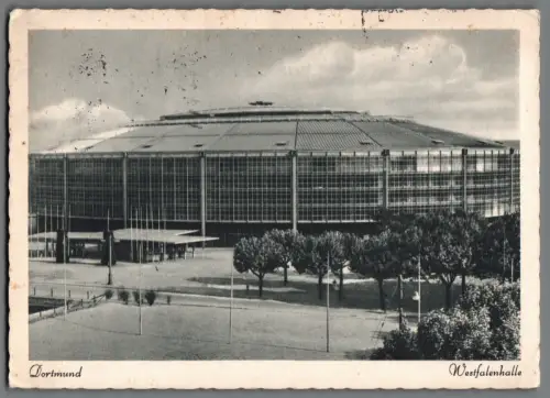 AK Dortmund Westfalenhalle 1955 Ansichtskarte gelaufen Messehalle Vintage AK008