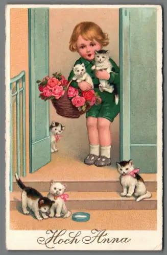 AK Hoch Anna Kind mit Katzen & Rosen gelaufen Wien 1939 Geburtstag  (AK071)