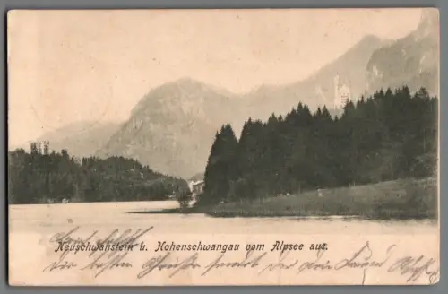 AK Neuschwanstein Hohenschwangau Alpsee Bayern 1906 gelaufen selten (B2257)